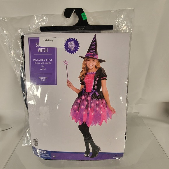 Girls Light-Up Sparkle Witch Costume Medium (8-10) Dress Hat & Wand Purple Pink - Picture 7 of 12
